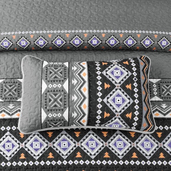 New Boho Aztec Black & Grey 3 PC Bedding 100% Polyester Quilt Set • KING Size - Picture 5 of 6